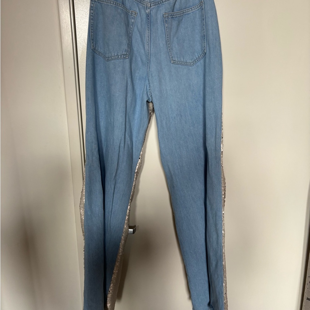 Pilcro anthropologie Wide-Leg Jeans in Light Blue and Beige sequinned Panels 30 - Picture 4 of 13
